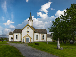 Fototapeta na wymiar Sandnessjøen church or Stamnes church in Sandnessjøen is a wooden cross church from 1882, Northern Norway- Europe 
