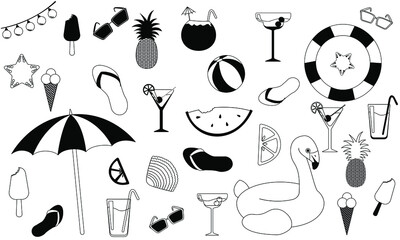 summer set of things for a party, relaxing on the beach, black and white outline