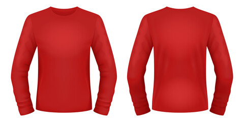 Blank red long sleeve t-shirt template. Front and back views. Vector illustration.
