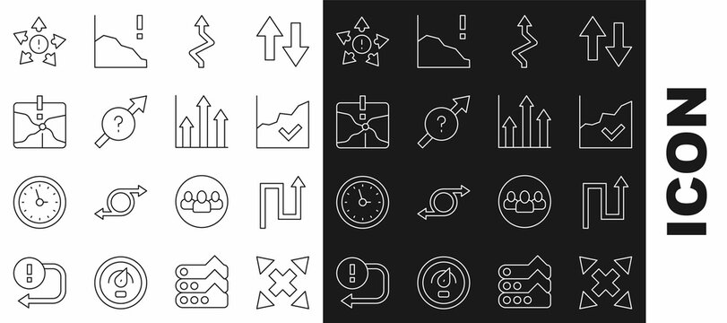 Set line Many ways directional arrow, Arrow, Financial growth increase, Intersection point, and Pie chart infographic icon. Vector