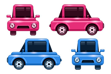 Set shiny mini cars front and side view cartoon isolated white background