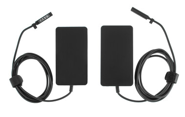 laptop power adapter, laptop spare part, on white background, top view