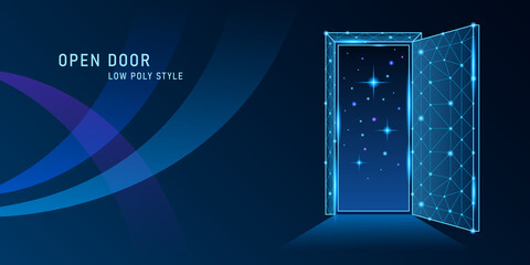 open door low poly in starry sky on dark blue background