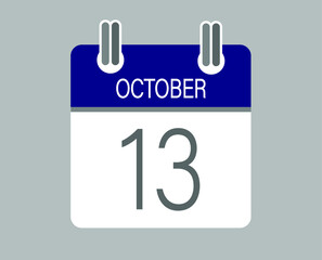 Day 13 october. Blue calendar for days of the month in october. Calendar page template.