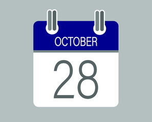 Day 28 october. Blue calendar for days of the month in october. Calendar page template.
