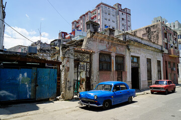 blue old classic car in the streets of havana