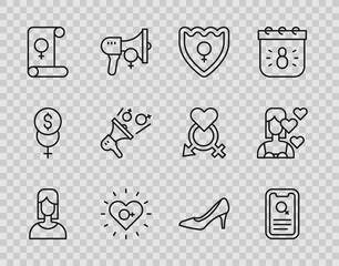 Set line Female, Dating app, Gender shield,, Feminism, Feminist activist, Woman shoe and Love yourself icon. Vector