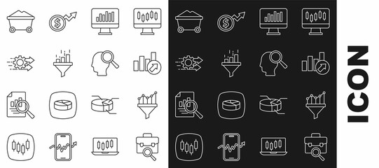 Set line Work search, Sales funnel with chart, Financial growth, Monitor graph, Time management, Coal mine trolley and Search people icon. Vector
