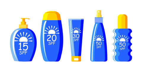 Blue tube with yellow cap of sunscreen SPF 15, 20, 30 and 50 on a white background. A set of cosmetics with UV protection. Vector.