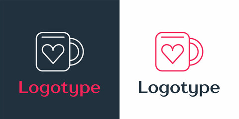 Logotype line Coffee cup and heart icon isolated on white background. Couple coffee for lovers on Valentines Day. Logo design template element. Vector