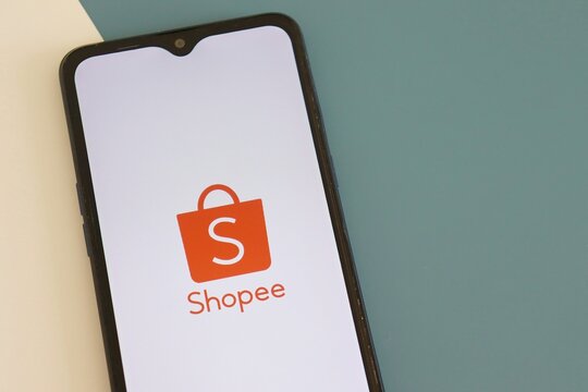Bahia, Brazil -  June 16, 2022: Shopee logo on smartphone screen. Shopee app. 