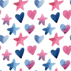 Seamless pattern with hearts. Seamless pattern of stars and hearts painted in watercolor in pink and blue tones on a white background.