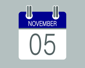 Day 5 november. Blue calendar for days of the month in november. Calendar page template.