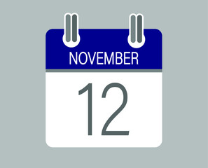 Day 12 november. Blue calendar for days of the month in november. Calendar page template.