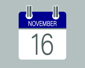 Day 16 november. Blue calendar for days of the month in november. Calendar page template.