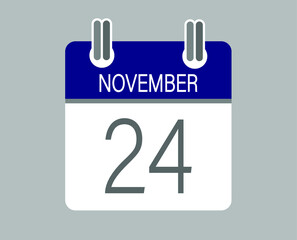 Day 24 november. Blue calendar for days of the month in november. Calendar page template.