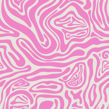 Groovy seamless pattern with animal print. Pattern for fabric with zebra, tiger texture. Vector background in retro trippy style. Hippie 60s, 70s style.