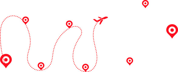 Airplane path in a dotted line. airplane and dash line trace. Romantic travel concept. Travel and tourism concept. Aircraft tracking. location pins isolated 