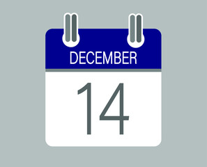 Day 14 december. Blue calendar for days of the month in december. Calendar page template.