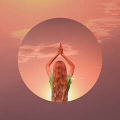 The woman is meditating. Aesthetic art collage with beautiful sunset sky and mirror reflection in...