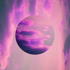 Obraz na płótnie Canvas Aesthetic art collage with purple sky and mirror reflection in round frame. Minimal art, zen, imagination