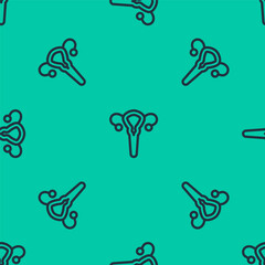 Blue line Female reproductive system icon isolated seamless pattern on green background. Anatomy. Gynecology. Woman health. Vector