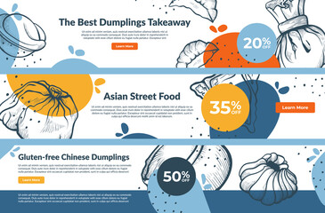Chinese dumplings Asian street food promo landing page internet banner set engraved vector