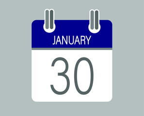 Day 30 january. Blue calendar for days of the month in january. Calendar page template.