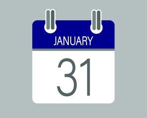 Day 31 january. Blue calendar for days of the month in january. Calendar page template.