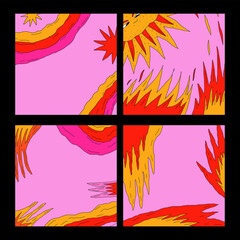 set of abstract background cards-psychedelic 1970 good vibes.Square retro templates for social media.Text box funky 70s with fire, stars, rainbow.Hippie vintage frames.groovy wallpaper with shapes	