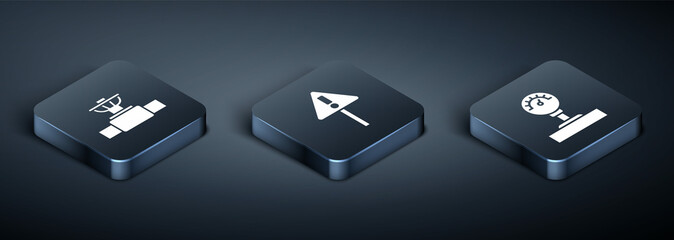 Set Isometric Industry pipe and valve, Gauge scale and Exclamation mark in triangle icon. Vector