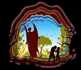 Adam and Eve in the Garden of Eden. Banished from the garden. Paper art. Bible story. Digital Art. - obrazy, fototapety, plakaty