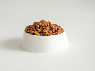 A white bowl with dry pet food for cats or dogs on a gray background