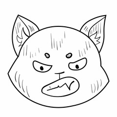Doodle angry cat emotion head.Emoji icon. Cute fun kid vector illustration. Black line art animal on white background.