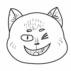 Doodle happy cat emotion head.Emoji icon. Cute fun kid vector illustration. Black line art animal on white background.