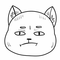 Doodle sad cat emotion head.Emoji icon. Cute fun kid vector illustration. Black line art animal on white background.