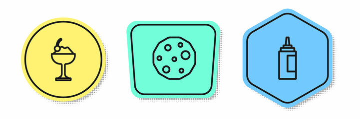 Set line Ice cream in bowl, Cookie or biscuit and Sauce bottle. Colored shapes. Vector