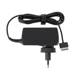 laptop power adapter, laptop spare part, on white background, top view