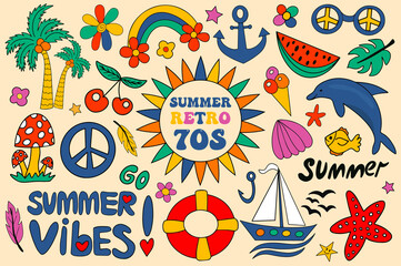Retro 70s summer vibe, hippie stickers, psychedelic groovy elements. Cartoon funky marine sea, palm vacation rainbow, vintage hippy style element. vector illustration.