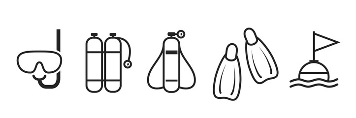 diving line icon set. scuba, sea vacation and active tourism symbols