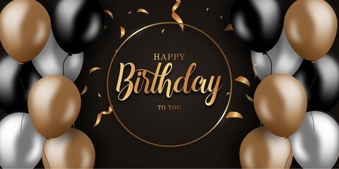 Happy birthday banner with circle gold and realistic balloons  Premium Vector