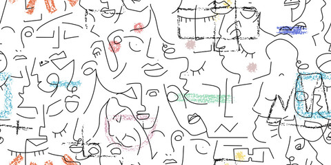 One line drawing. Abstract face seamless pattern.