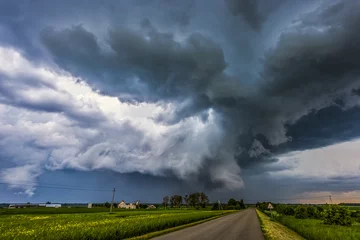 Fototapeten Gewitterwolken über dem Feld, tornadische Superzelle, extremes Wetter, gefährlicher Sturm © lukjonis