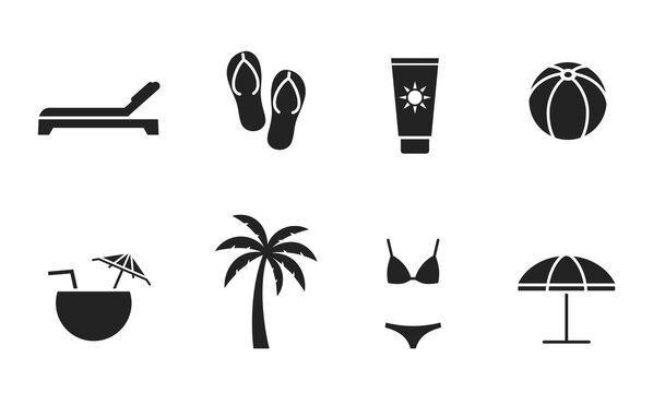 beach vacation icon set. summer, sea and exotic vacation symbols. vector images for tourism design