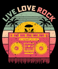 Live love rock palm tree sunset style retro vintage t-shirt design vector