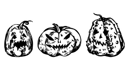 Set of Halloween pumpkins. Vector illustrations of creepy faces lantern Jack. Retro ink sketches cliparts collection isolated on white background.
