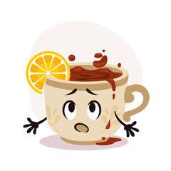 White tea cup with hot drink. Tea with lemon piece. Sad cartoon character with print on surface