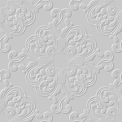 Floral vintage white 3d seamless pattern. Vector embossed grunge background. Repeat emboss backdrop. Surface relief 3d flowers leaves.  Damask ornaments. Textured floral design with embossing effect