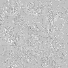 Textured floral 3d lines seamless pattern. Embossed white grunge background. Vintage emboss beautiful textured flowers, leaves. Repeat surface vector backdrop. Ethnic relief line art floral ornaments