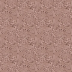 3d embossed floral greek seamless pattern. Textured beautiful flowers. Relief monochrome background. Repeat emboss backdrop. Surface flowers. Ethnic style decorative ornaments with embossing effect.